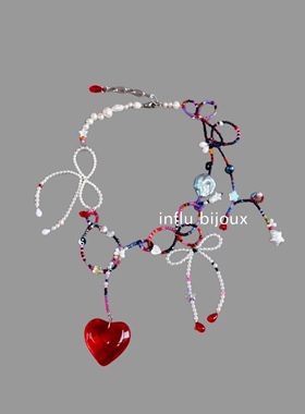 原创独立小众设计 黑红蝴蝶结琉璃爱心异形珍珠捷克琉璃choker