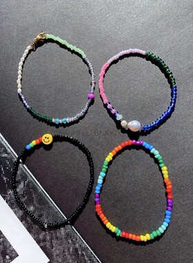 手工自制WINNER宋旻浩mino同款手链笑脸串珠锁骨链彩色彩虹微笑