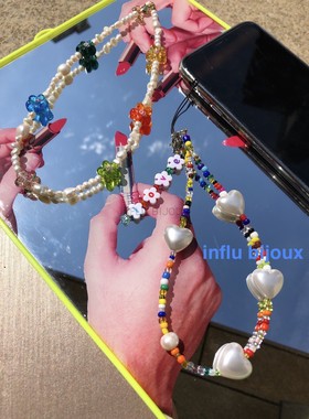 天然珍珠玉石爱心韩国独立品牌彩色串珠可爱挂链手机链绳挂件手链