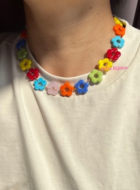 手工定制小众设计师琉璃彩虹小花choker颈链 短项链eliou 手作