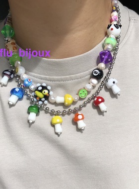 JUSTIN bieber 比伯同款DREW蘑菇果冻熊彩色琉璃童趣项链手作定制