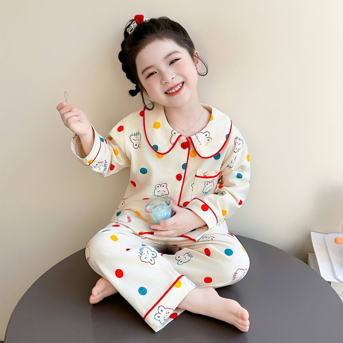 中大童云朵棉翻领睡衣春秋新款彩色圆点小兔子儿童舒适家居服套装