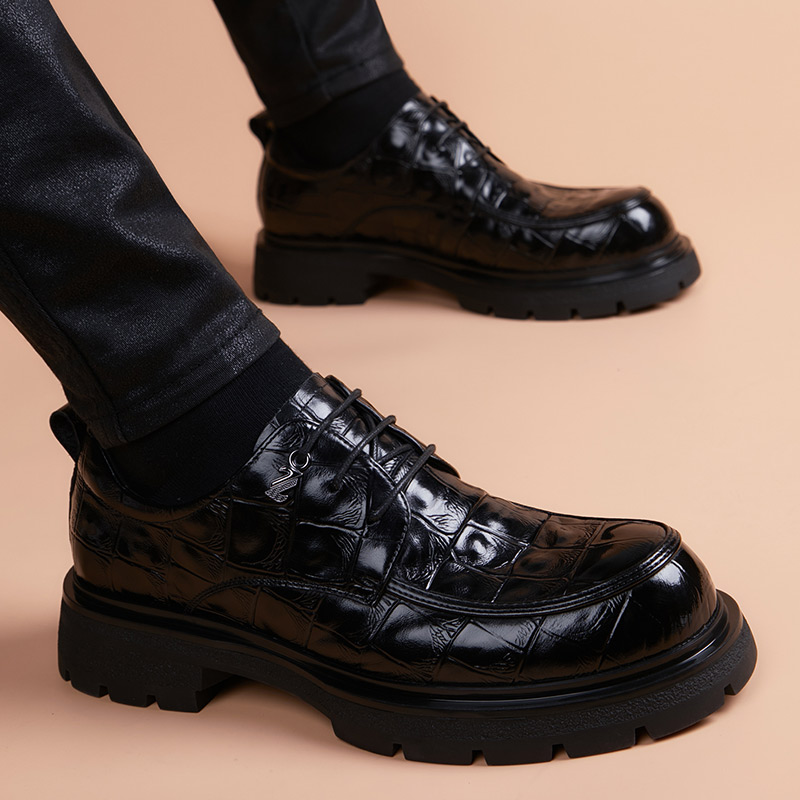 厚底皮鞋男英伦潮流真皮商务正装圆头鞋内增高大头休闲发型师男鞋