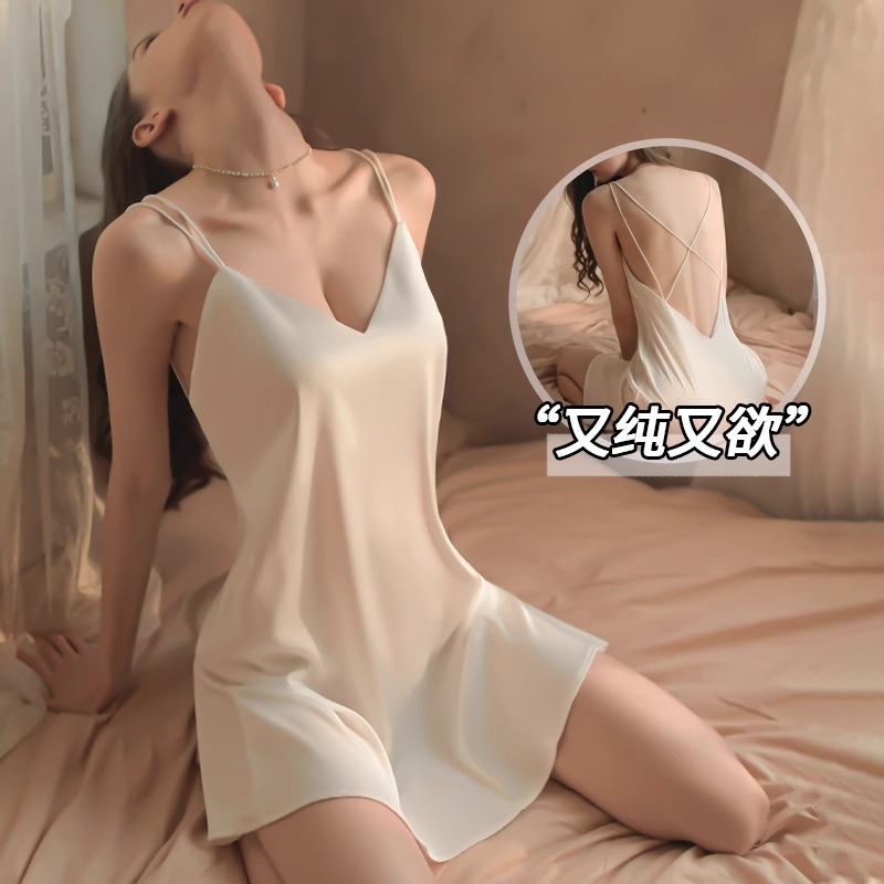 性感睡衣女2025年春夏季新款纯欲风冰丝绸带胸垫蕾丝吊带睡裙睡袍