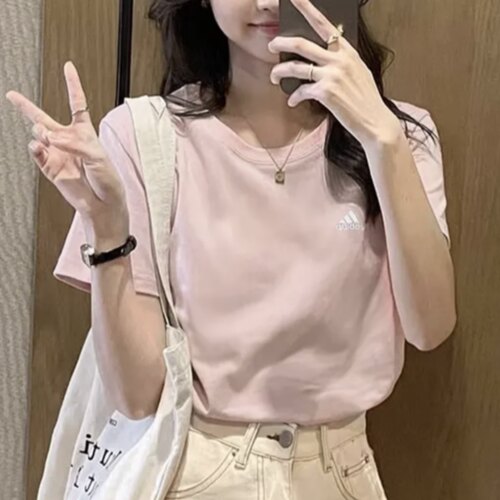 adidas MUST HAVES纯棉纯色运动休闲圆领短袖T恤 粉色IT4338
