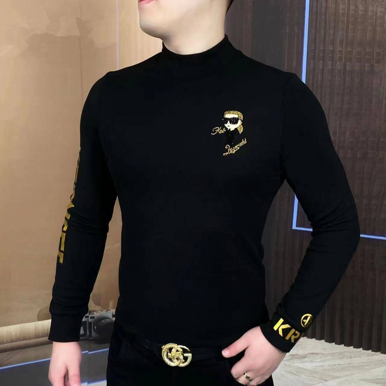 高档法国酷酷老头卫衣男秋冬季时尚半高领长袖修身保暖打底衫轻奢