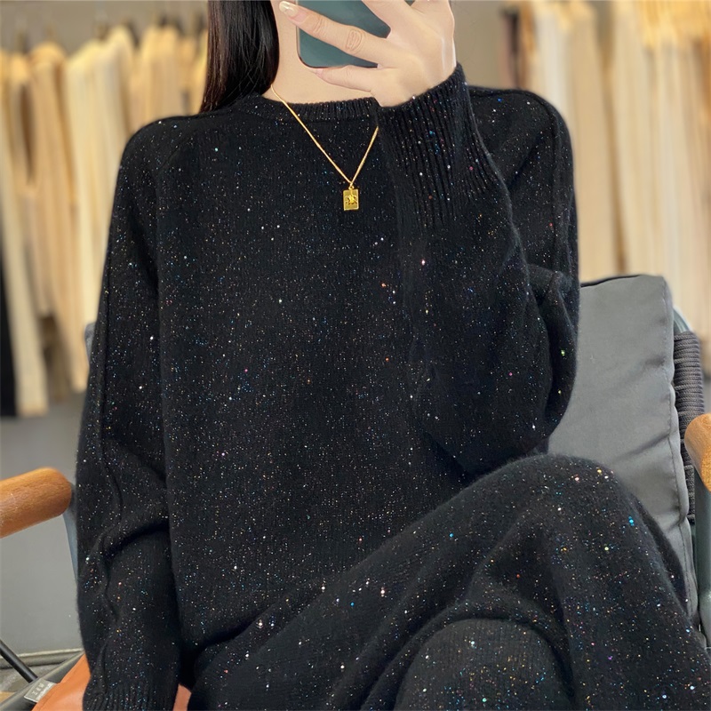 100%纯羊绒衫女圆领宽松套装