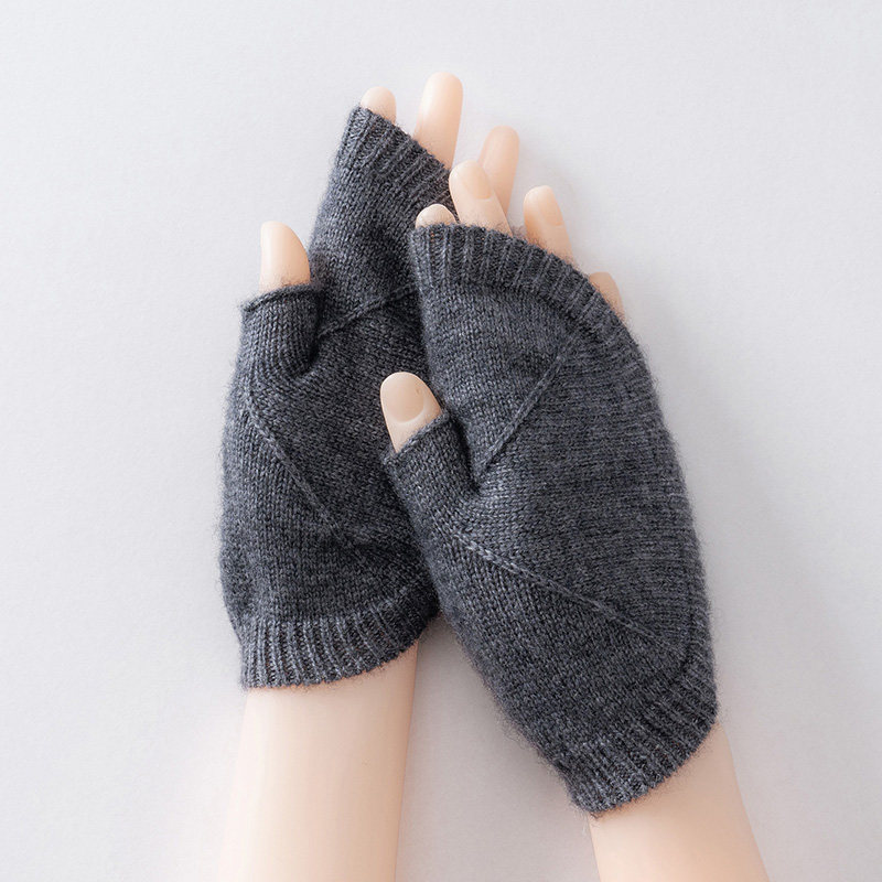 100%纯山羊绒手套女冬季保暖加厚韩版学生针织毛线露指写字半指