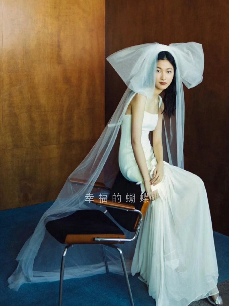 头纱新娘主婚纱长款拖地高级感小众蝴蝶结拖尾头纱头饰超仙森系白