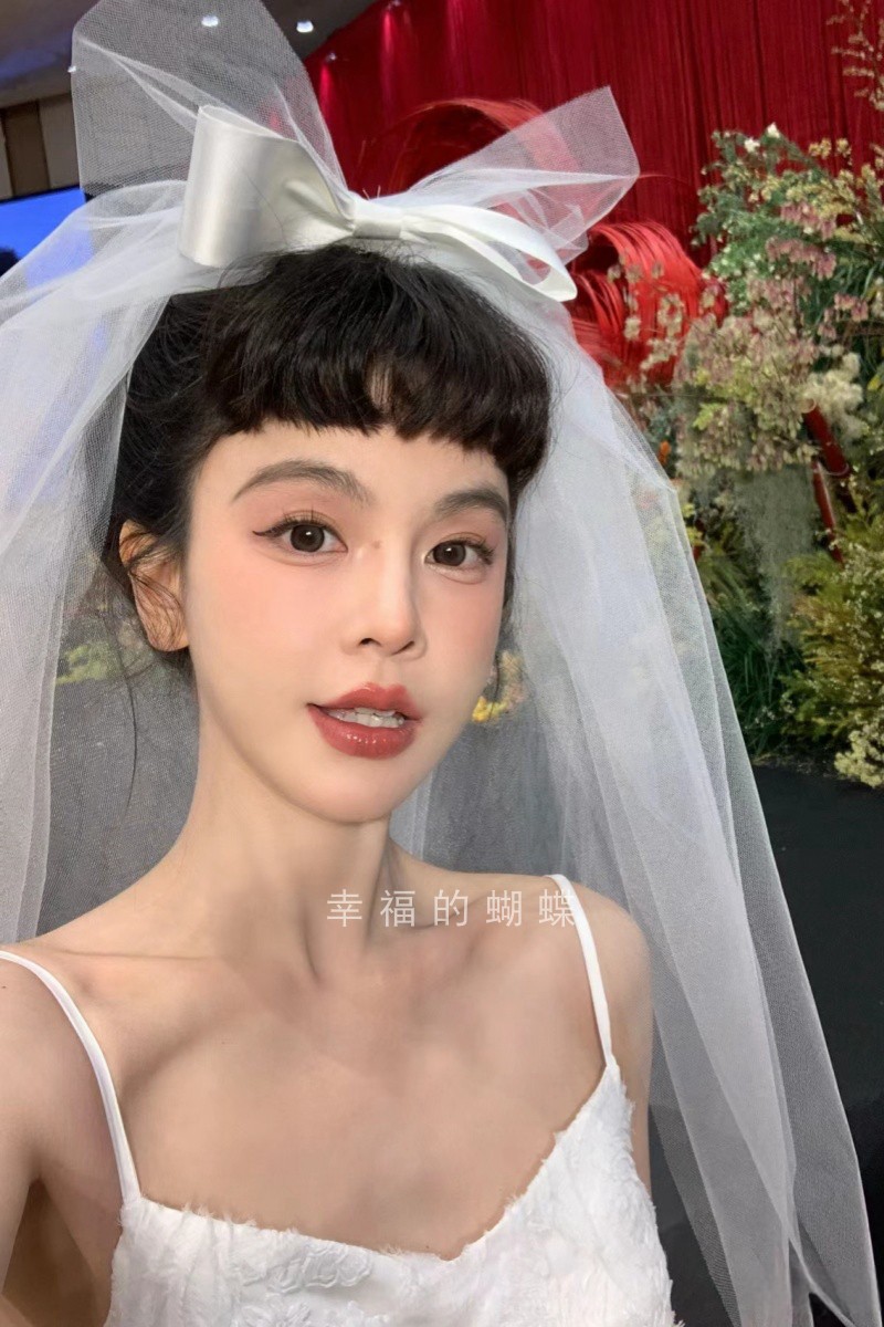 头纱新娘主婚纱中长款多层蝴蝶结蓬蓬纱拍照道具样片头饰周美美