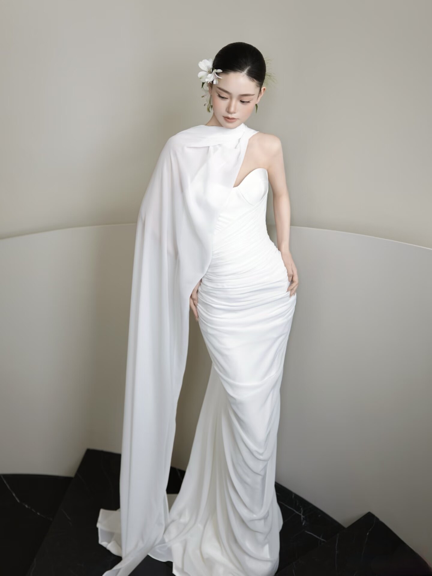 新娘结婚婚纱礼服披肩一字肩坎肩围脖脖颈纱摄影拍照弹力雪纺白色