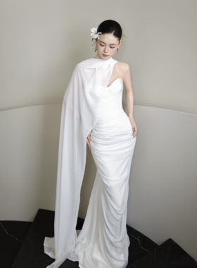 新娘结婚婚纱礼服披肩一字肩坎肩围脖脖颈纱摄影拍照弹力雪纺白色