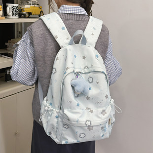 蓝色系可爱星星书包女初中生休闲简约大容量背包高颜值ins双肩包
