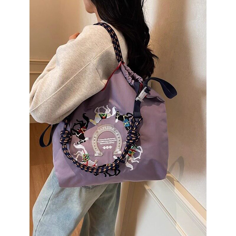 新款女刺绣购物帆布手拎包袋大容量尼龙斜挎可摺叠可携式手提单肩