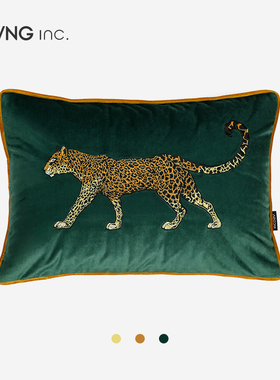 LIVING inc.豹子 丝绒绣花靠枕轻奢样板房客厅抱枕沙发靠垫墨绿色