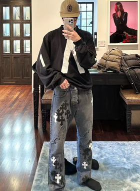 现货CH自主限定黑灰色膝盖火焰黑白十字架拼皮情侣款洗水牛仔长裤