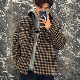 60支定织定染 25棕黄色威尔士亲王格纹翻领羊毛夹棉夹克外套
