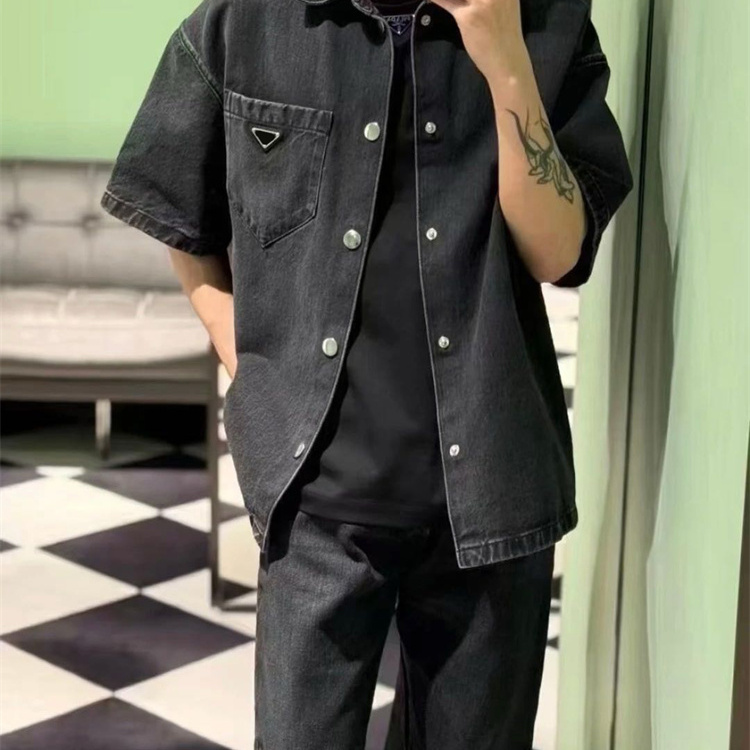自主三角标风格铭牌水洗做旧翻领牛仔短袖宽松休闲衬衫男女