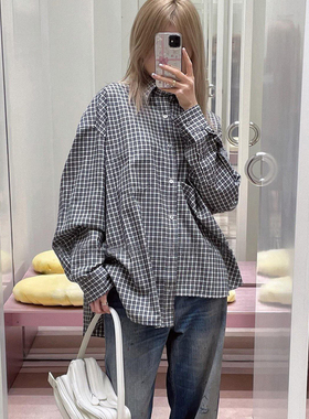 自主26ss法兰绒灰色经典格子格纹徽标珠光贝壳纽扣衬衫外套落肩