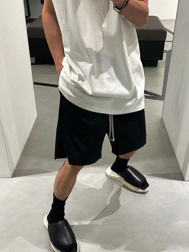 RO 黑色绿色府绸铜氨丝抽绳包边开叉裤脚五分四角裤短裤男女同款