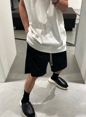 RO 黑色绿色府绸铜氨丝抽绳包边开叉裤脚五分四角裤短裤男女同款