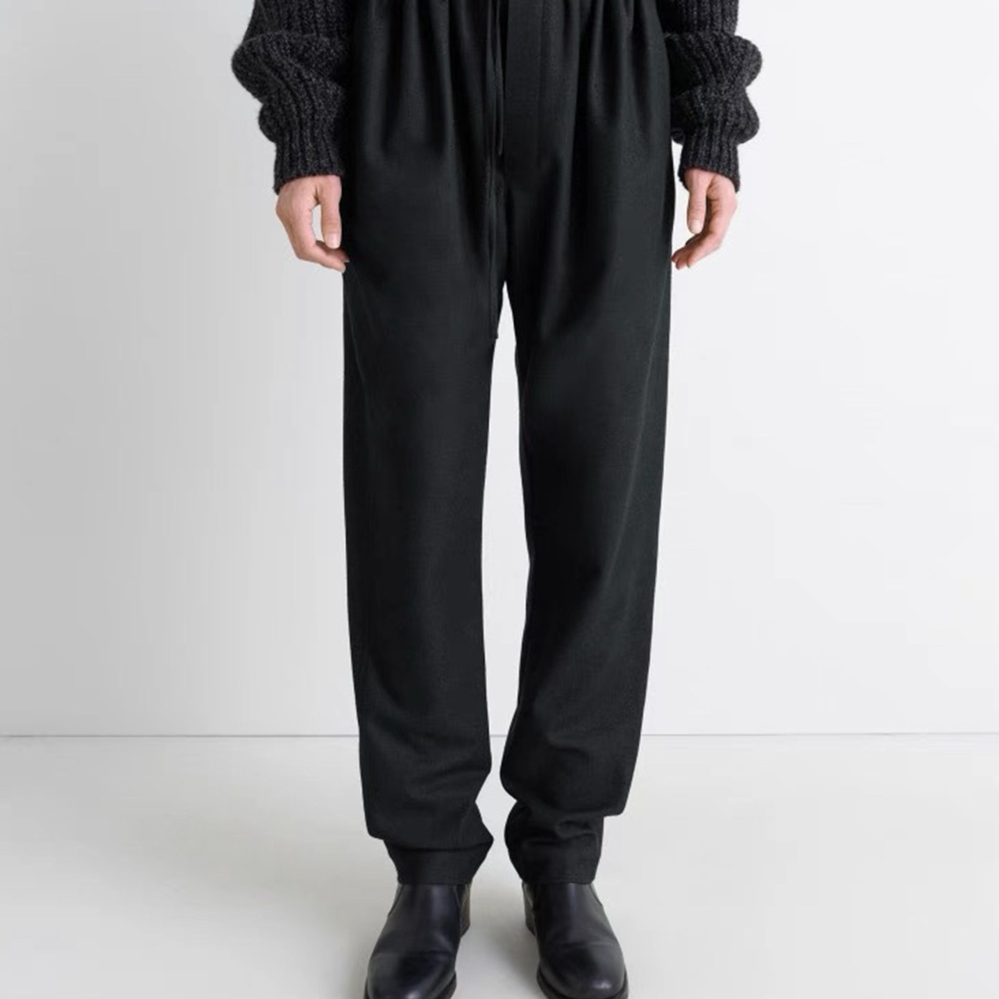 LEM黑灰色羊毛抽绳松紧腰直筒休闲极简西裤老钱松弛慵懒优雅长裤