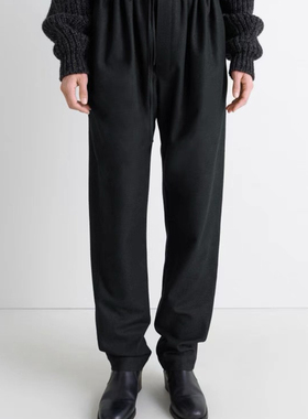 LEM黑灰色羊毛抽绳松紧腰直筒休闲极简西裤老钱松弛慵懒优雅长裤