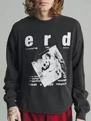 ERD melancholic second-generation schooldays cracked print washed retro boxy long sleeved round neck T-shirt