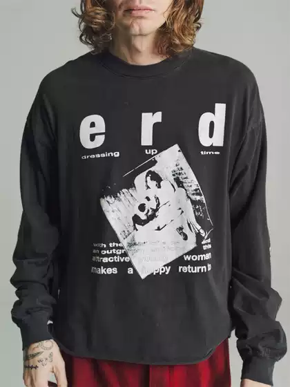 ERD melancholic second-generation schooldays cracked print washed retro boxy long sleeved round neck T-shirt