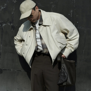 自主LEM风格牛皮飞行员皮衣夹克宽松休闲翻领外套男女