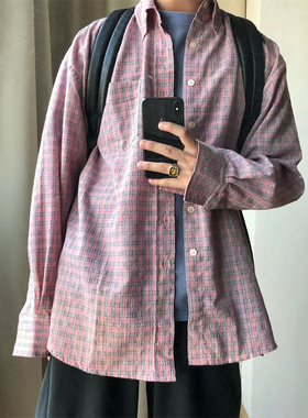 Our Legacy23FW复古粉格纹衬衫休闲宽松立领长袖慵懒衬衣外套