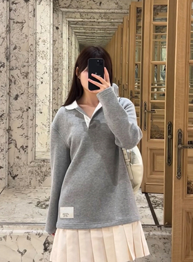 MON自主花灰色翻领拼接小标袖章卫衣男女宽松老钱打底单穿薄春夏