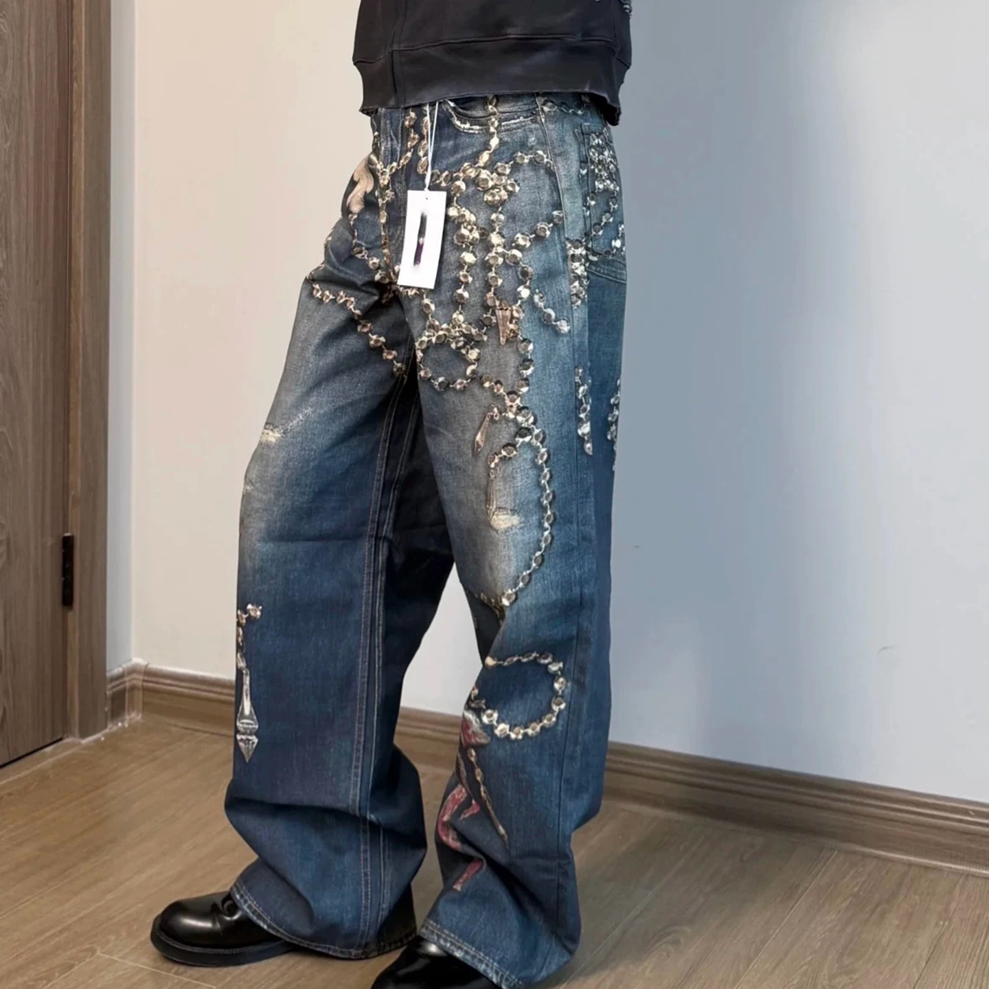 真正夯货A/C1981牛王水晶蝴蝶结链条措视印花男女牛仔裤直筒长裤