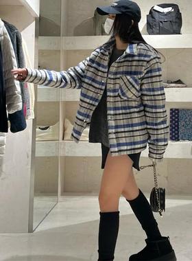 自主AC风格秋冬新款蓝色格子纽扣衬衣宽松休闲羽绒服外套男女