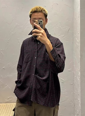 Our Legacy紫色复古条纹格子慵懒风衬衫男女同款休闲宽松立领长袖