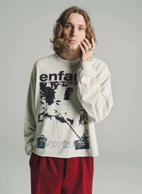 ERD忧郁的富二代 23FW牧师持枪人像印花图案长袖boxy圆领T恤白色