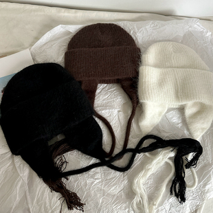 滑雪帽保暖女士冬季防风帽兔毛高级感白色咖色护耳帽设计师款