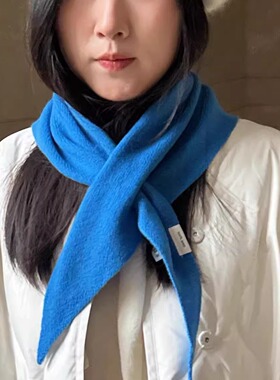 围脖秋冬保暖围巾时髦韩版小方巾克莱因蓝色紫色女士三角巾羊毛