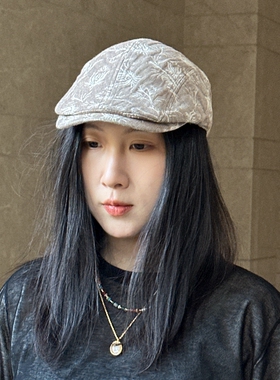 前进帽复古文艺贝雷帽做旧春夏咖色米色棉麻腰果印花女士鸭舌帽