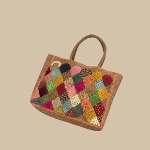 26年新款手工拉菲草彩色草编包手提包单肩包带内袋拉链度假沙滩包