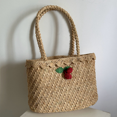 法式手工花朵小号女士单肩包手提包菜篮子夏季拉菲草编织包草编包