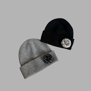 针织帽滑雪帽保暖洋气显脸小羊毛小香风女士黑色灰色卷边毛线帽