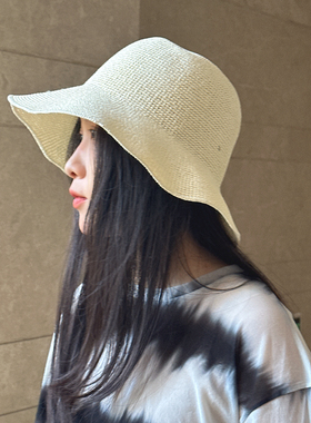 白色遮阳帽防晒帽女士夏季帽子太阳帽手工编织草帽可折叠带造型丝