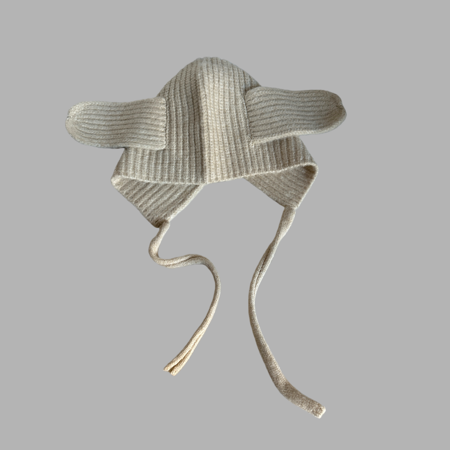 护耳帽针织帽秋冬保暖带飘带绳子带长耳朵宽减龄女士灰色毛线帽