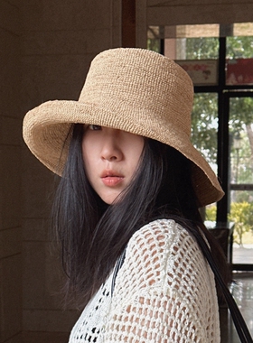 不闷头透气渔夫帽遮阳帽海边编织百搭显脸小女士大帽檐手工拉菲草