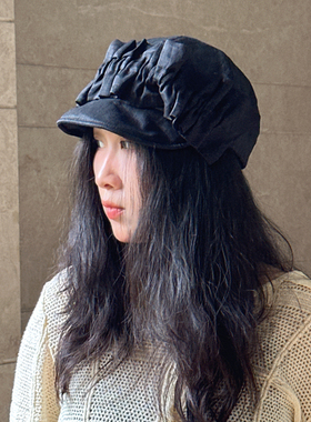防晒帽显脸小春夏透气贝雷帽黑色潮亚麻褶皱女士小众鸭舌帽遮阳帽
