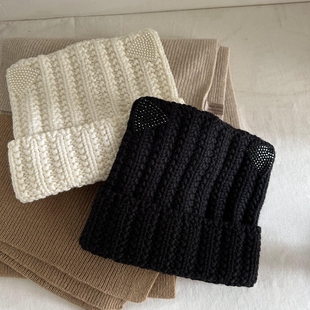 针织帽带钻珍珠翻边保暖滑雪帽女士冬白色黑色手工针织猫咪毛线帽