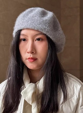 秋冬保暖女士保暖白色紫色灰色帽羊毛兔毛贝雷帽加厚立体感蓓蕾帽