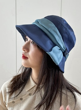 蓝色真丝复古女士优雅精致遮阳帽渔夫帽盆帽防晒透气凉快中老年夏
