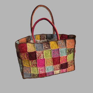 新款彩色几个方块手工编织包草编包单肩包带内拉链女士度假沙滩包